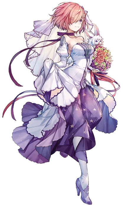 achan_(blue_semi) alternate_costume bare_shoulders bouquet breasts bridal_gauntlets bridal_veil bride closed_mouth dress eyebrows_visible_through_hair eyes_visible_through_hair fate_(series) flower fou_(fate/grand_order) lavender_hair long_sleeves looking_at_viewer mash_kyrielight pink_hair purple_neckwear short_hair sideboob simple_background smile thigh-highs veil violet_eyes wedding_dress white_background