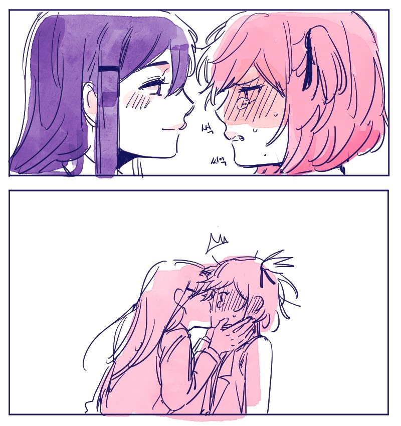 2girls 2koma blush closed_eyes comic commentary_request doki_doki_literature_club ear_blush face-to-face from_side hair_ornament hair_ribbon hairclip hands_on_another's_face kiss korean_commentary long_hair long_sleeves multiple_girls natsuki_(doki_doki_literature_club) parted_lips partially_colored pink_hair profile purple_hair ribbon s_boss820 short_hair sketch smile surprised sweat upper_body white_background yuri yuri_(doki_doki_literature_club)