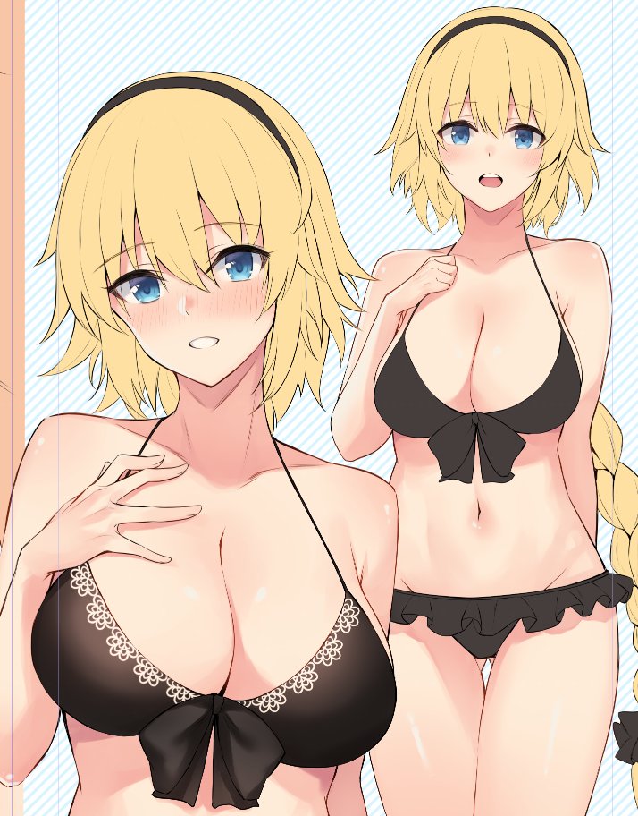 1girl anza_tomo bikini blonde_hair blue_eyes blush bow braid breasts cleavage collarbone commentary cowboy_shot diagonal-striped_background diagonal_stripes eyebrows_visible_through_hair eyes_visible_through_hair fate/grand_order fate_(series) frilled_bikini frills front-tie_top hair_bow hairband jeanne_d'arc_(fate) jeanne_d'arc_(fate)_(all) large_breasts long_braid long_hair multiple_views navel open_mouth single_braid solo striped striped_background swimsuit
