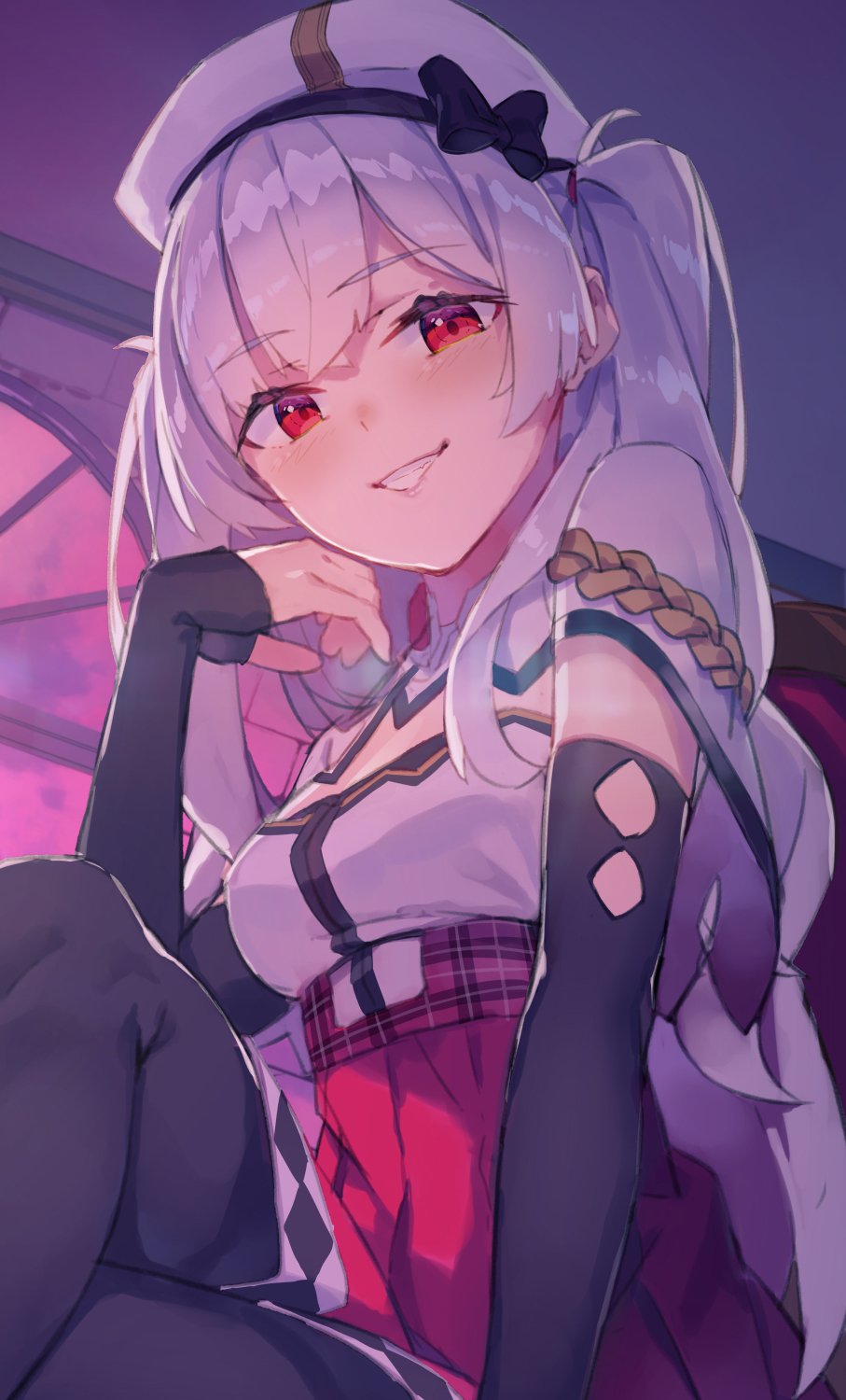 1girl :d ajax_(azur_lane) arm_support azur_lane bangs beret black_bow black_gloves black_legwear blush bow breasts capelet chair commentary_request elbow_gloves eyebrows_visible_through_hair fingerless_gloves from_below gloves grin hand_up hat hat_bow head_tilt highres indoors legs_crossed long_hair looking_at_viewer miniskirt open_mouth pantyhose red_eyes red_skirt red_sky remodel_(azur_lane) shirt sidelocks silver_hair sitting skirt sky sleeveless sleeveless_shirt small_breasts smile solo strapless teeth two_side_up white_capelet white_hat white_shirt window yasumo_(kuusouorbital)