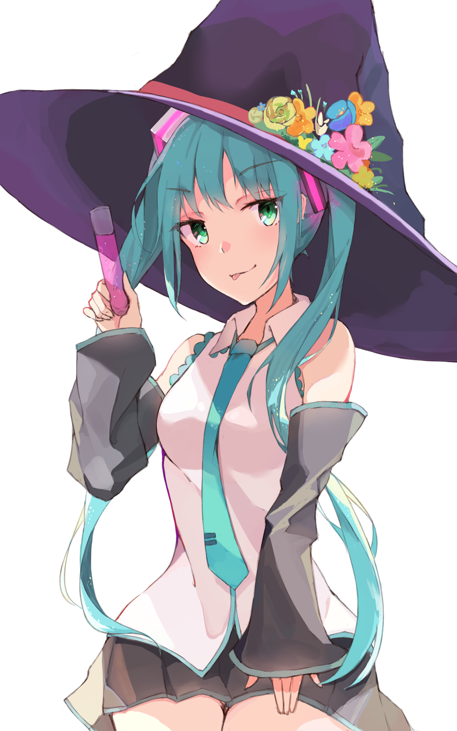 1girl blue_flower blue_hair blue_neckwear detached_sleeves eyebrows_visible_through_hair flower green_eyes green_flower grey_skirt grey_sleeves hair_ornament hat hat_flower hat_ribbon hatsune_miku highres holding hyakunin_momoko long_hair long_sleeves looking_at_viewer miniskirt necktie pink_flower pleated_skirt purple_hat red_ribbon ribbon shirt simple_background sitting skirt sleeveless sleeveless_shirt solo tongue tongue_out twintails very_long_hair vocaloid white_background white_shirt witch_hat yellow_flower