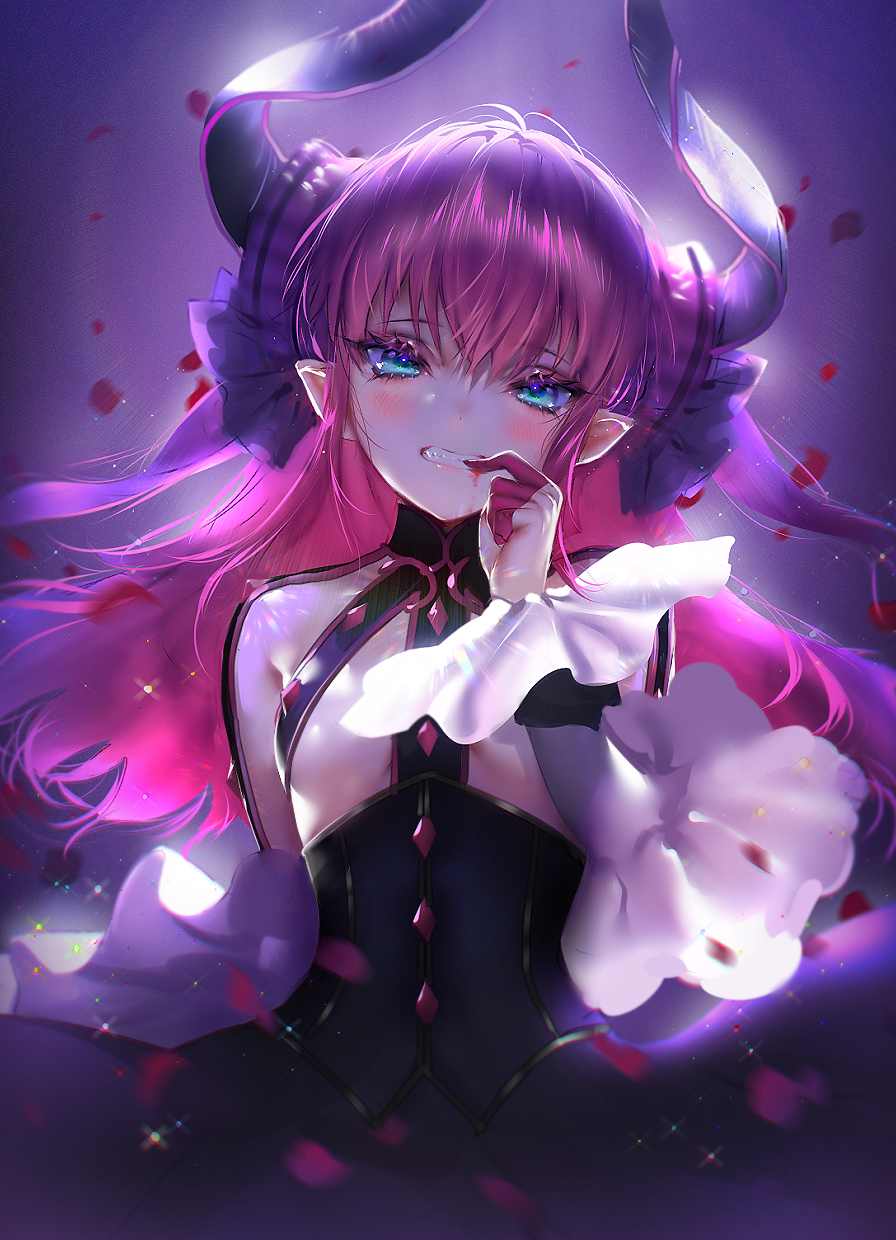 1girl asymmetrical_horns bangs blood blood_from_mouth blue_eyes blush breasts curled_horns detached_sleeves dragon_girl dragon_horns dragon_tail dress elizabeth_bathory_(fate) elizabeth_bathory_(fate)_(all) eyebrows_visible_through_hair fate/extra fate/extra_ccc fate_(series) finger_gloves highres horns light_particles long_hair looking_at_viewer petals pink_hair pointy_ears ribbon small_breasts solo tail two_side_up zenke