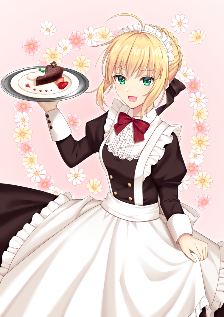 1girl :d ahoge alternate_costume apron artoria_pendragon_(all) black_ribbon black_shirt black_skirt blonde_hair bow bowtie braided_bun daisy enmaided eyebrows_visible_through_hair fate/stay_night fate_(series) flower frilled_apron frills green_eyes hair_between_eyes hair_ribbon holding holding_plate long_skirt long_sleeves maid maid_headdress open_mouth pink_background pink_flower plate red_bow red_neckwear ribbon saber shino_skk shiny shiny_hair shirt short_hair sidelocks skirt smile solo standing waist_apron white_apron white_flower