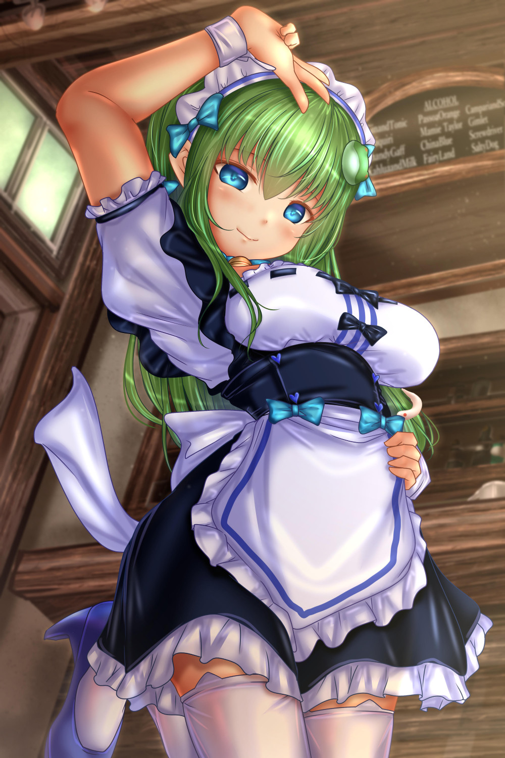 1girl alternate_costume apron arm_up bangs black_dress blue_eyes blue_footwear blurry blurry_background blush bow breasts closed_mouth commentary_request depth_of_field dress english enmaided frilled_apron frilled_dress frilled_sleeves frills green_hair hand_on_hip high_heels highres indoors kochiya_sanae large_bow leg_up lips long_hair looking_at_viewer maid maid_headdress medium_breasts partial_commentary short_dress shounen_(hogehoge) smile solo standing standing_on_one_leg thigh-highs touhou w waist_apron white_apron white_bow white_legwear