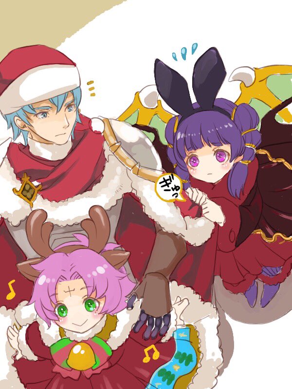 1boy 2girls animal_ears antlers aqua_eyes aqua_hair bat_ears bell bow cape closed_mouth dragon_wings dress ephraim fa facial_mark fake_animal_ears fire_emblem fire_emblem:_fuuin_no_tsurugi fire_emblem:_seima_no_kouseki fire_emblem_heroes forehead_mark fur_trim green_eyes halloween_costume hat long_sleeves mamkute multi-tied_hair multiple_girls myrrh nintendo purple_hair red_eyes red_hat reindeer_antlers renkonmatsuri santa_costume santa_hat short_hair simple_background smile twintails wings