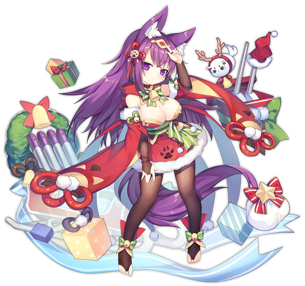 1girl animal_ears arm_up azur_lane bell black_legwear blush bow breasts christmas_wreath cleavage closed_mouth eyebrows_visible_through_hair feet fox_ears green_bow hat hat_removed headwear_removed large_breasts long_hair looking_at_viewer official_art pantyhose purple_hair santa_hat smile smug solo tail toeless_legwear toes transparent_background urakaze_(azur_lane) utm very_long_hair violet_eyes wreath