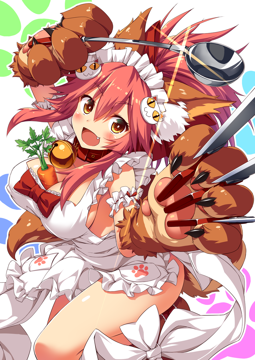 1girl animal_ear_fluff animal_ears apron bare_shoulders bell bell_collar between_breasts blush blush_stickers breasts carrot cat_hair_ornament cat_paws cleavage collar commentary commentary_request fangs fate/grand_order fate_(series) food fox_ears fox_tail gloves hair_ornament hair_ribbon highres holding holding_spoon jingle_bell knife large_breasts long_hair looking_at_viewer maid_headdress naked_apron open_mouth paw_gloves paw_shoes paws pink_hair ponytail red_ribbon ribbon shoes sideboob solo spoon tail tamamo_(fate)_(all) tamamo_cat_(fate) ugume vegetable