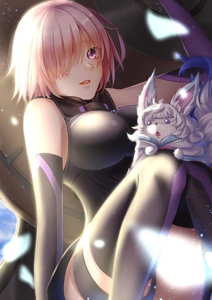 1girl animal_on_leg black_gloves black_legwear black_leotard breasts breasts_apart elbow_gloves fate/grand_order fate_(series) fou_(fate/grand_order) gloves hair_over_one_eye large_breasts leotard mash_kyrielight open_mouth petals pink_hair shiny shiny_hair short_hair sitting solo sumomo7317 thigh-highs thigh_strap violet_eyes