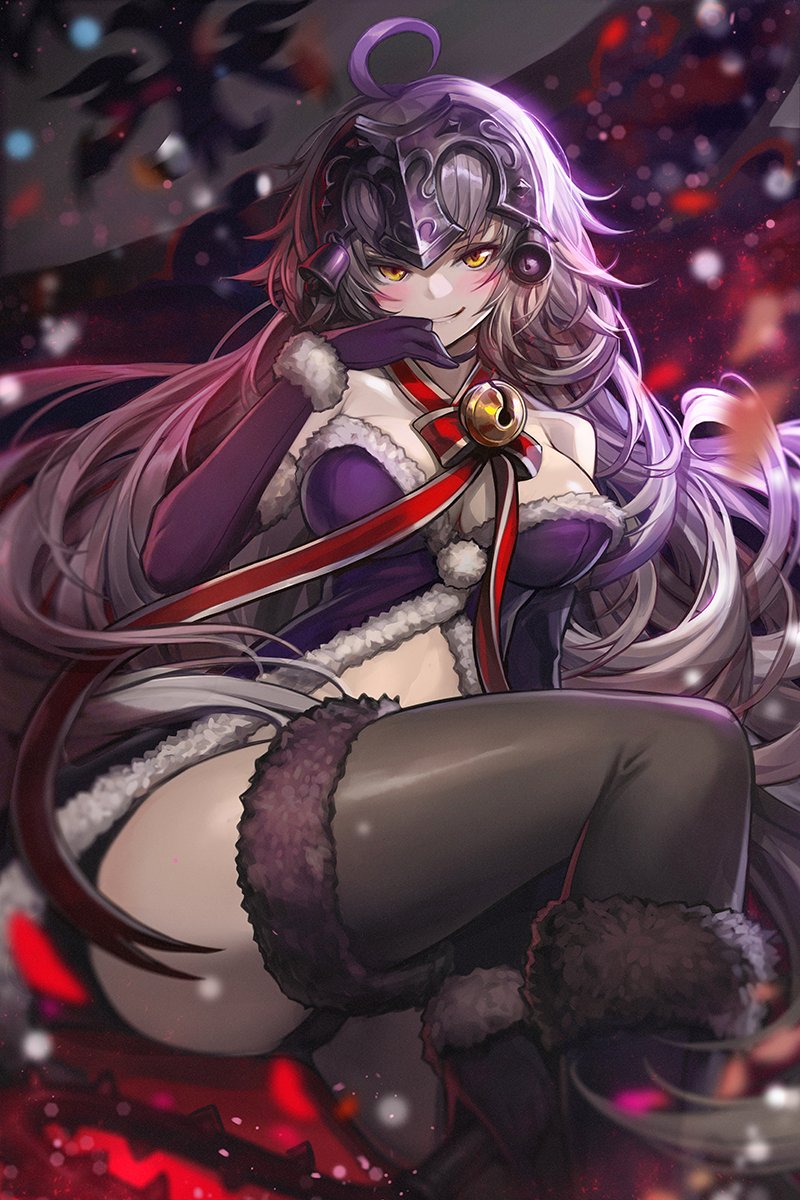 1girl ahoge arm_support bangs bare_shoulders bell black_legwear black_panties blurry blurry_foreground blush breasts cleavage depth_of_field dress elbow_gloves eyebrows_visible_through_hair fate/grand_order fate_(series) flag floating_hair fur-trimmed_dress fur-trimmed_footwear fur-trimmed_gloves fur-trimmed_legwear fur_trim gloves goomrrat grin hand_up headpiece highres jeanne_d'arc_(alter)_(fate) jeanne_d'arc_(fate) jeanne_d'arc_(fate)_(all) jingle_bell large_breasts light_particles long_hair looking_at_viewer messy_hair neck_bell neck_ribbon open_clothes open_dress pale_skin panties purple_dress purple_footwear purple_gloves red_ribbon ribbon santa_costume sidelocks silver_hair smile snow snowing strapless strapless_dress thigh-highs tsurime underwear wind yellow_eyes