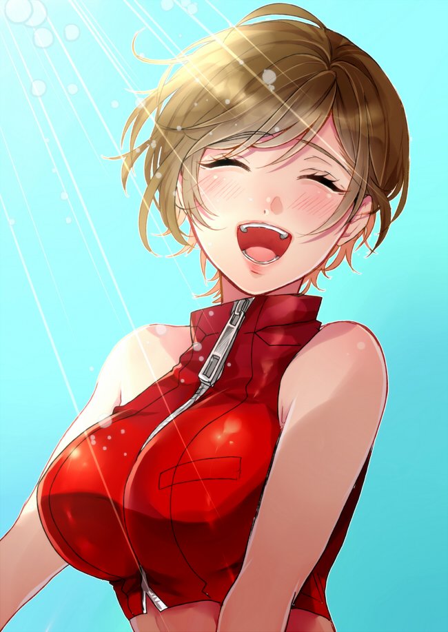 1girl :d bare_shoulders blush breasts brown_hair closed_eyes commentary_request crop_top eyebrows_visible_through_hair itoko_(i_t_k) large_breasts meiko midriff open_mouth red_shirt shirt short_hair sleeveless smile vocaloid zipper_pull_tab
