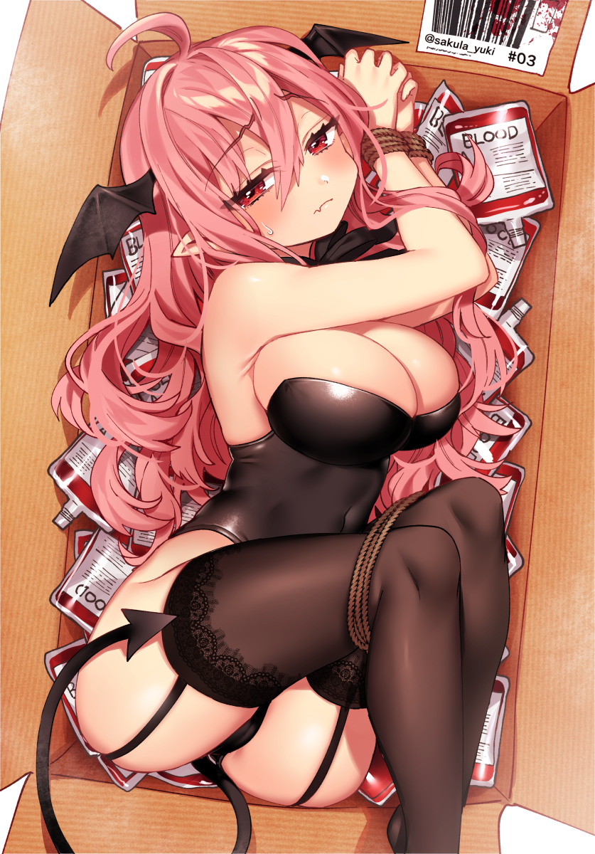 1girl ass bare_arms bare_shoulders black_legwear black_leotard black_neckwear black_panties black_wings blood blood_bag bound bound_legs bound_wrists box breasts cardboard_box cleavage closed_mouth commentary_request covered_navel demon_tail eyebrows_visible_through_hair fang_out feet_out_of_frame hair_between_eyes head_wings highres in_container large_breasts leotard long_hair looking_at_viewer lying on_side original panties pink_hair pointy_ears red_eyes restrained rope sakura_yuki_(clochette) shiny shiny_clothes solo sweatdrop tail thigh-highs underwear wavy_hair wings