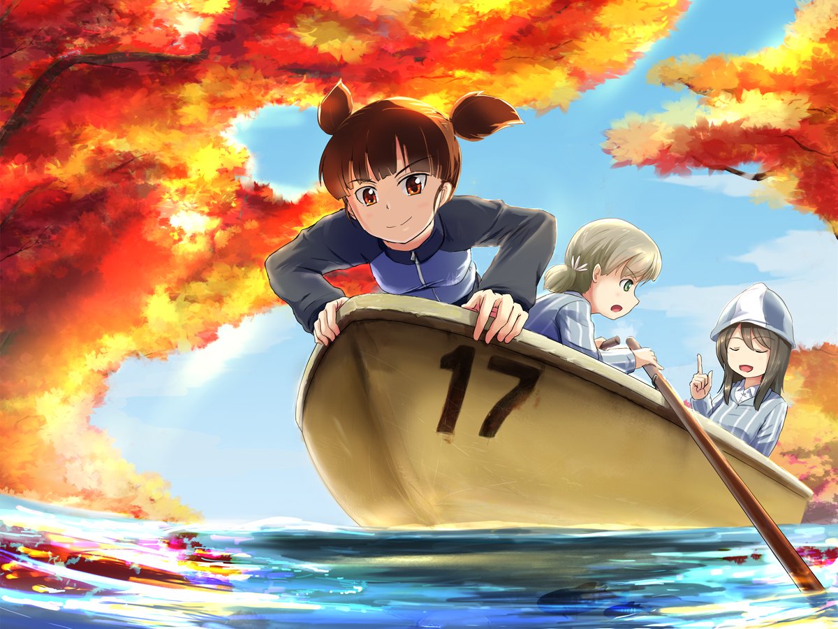 3girls aki_(girls_und_panzer) arm_support bangs blue_hat blue_jacket blue_shirt blue_sky boat buchikaki closed_eyes closed_mouth clouds cloudy_sky commentary_request day dress_shirt eyebrows_visible_through_hair frown girls_und_panzer green_eyes hair_tie hat jacket keizoku_military_uniform keizoku_school_uniform kneeling lake light_brown_hair long_hair long_sleeves looking_at_viewer mika_(girls_und_panzer) mikko_(girls_und_panzer) military military_uniform multiple_girls oar outdoors pointing pointing_up raglan_sleeves red_eyes redhead school_uniform shirt short_hair short_twintails sitting sky smile striped striped_shirt sunlight track_jacket tree twintails uniform v-shaped_eyebrows vertical-striped_shirt vertical_stripes water watercraft white_shirt