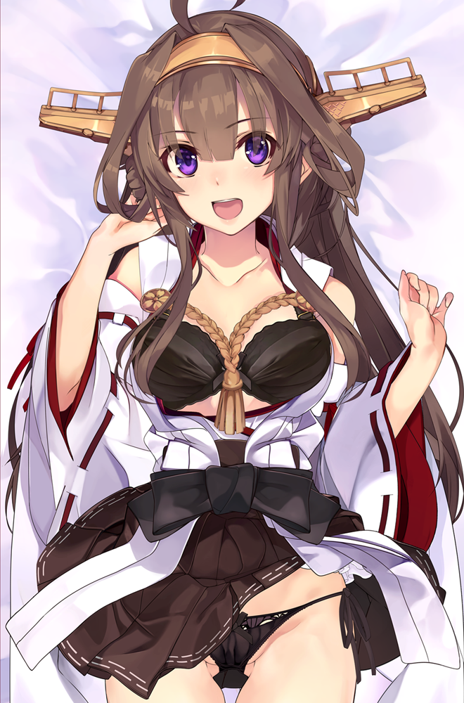 1girl ahoge aiguillette bangs bare_shoulders black_bra black_panties black_skirt blush bra breasts brown_hair cleavage collarbone commentary_request cowboy_shot dakimakura detached_sleeves double_bun eyebrows_visible_through_hair gluteal_fold groin hair_between_eyes hairband hand_up headgear japanese_clothes kantai_collection kongou_(kantai_collection) large_breasts long_hair looking_at_viewer lying nontraditional_miko on_back open_mouth panties remodel_(kantai_collection) ribbon-trimmed_panties shirokitsune side-tie_panties sidelocks skirt smile solo underwear violet_eyes wide_sleeves