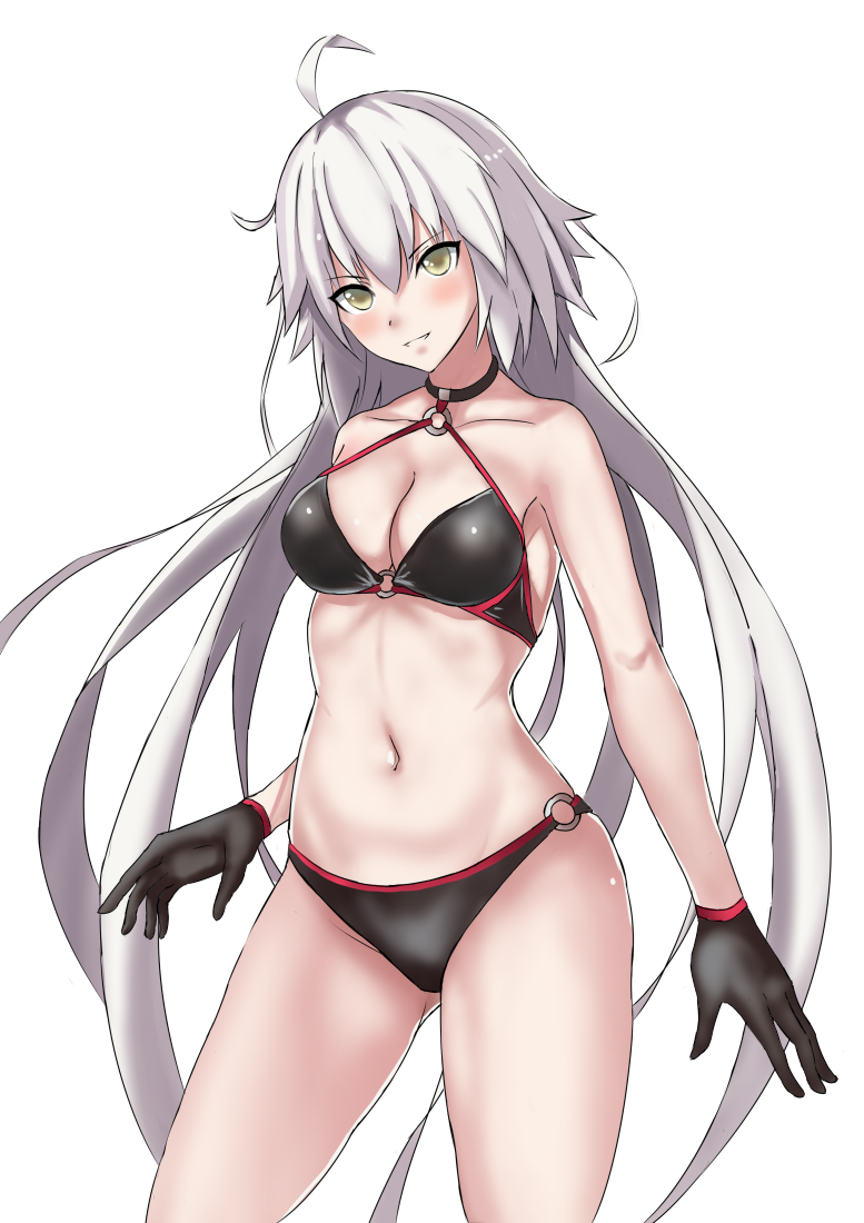 1girl bikini black_bikini black_choker black_gloves breasts choker cleavage cowboy_shot fate/grand_order fate_(series) gloves head_tilt jeanne_d'arc_(alter_swimsuit_berserker) jeanne_d'arc_(fate)_(all) long_hair looking_at_viewer medium_breasts navel o-ring o-ring_bikini o-ring_bottom o-ring_top ryuunonon simple_background solo standing swimsuit white_background white_hair