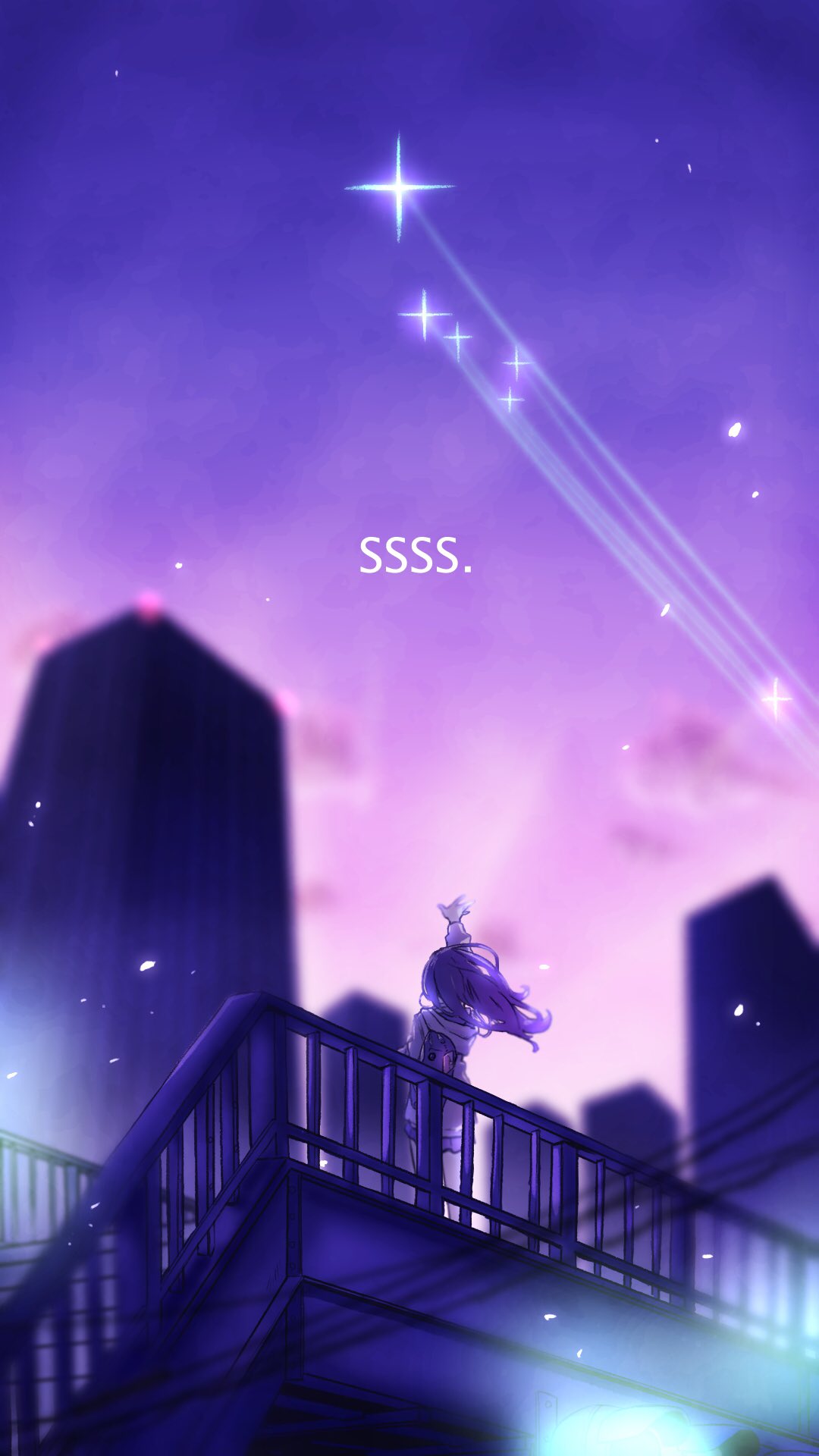 1girl bag black_hair blurry blurry_background blurry_foreground building flying from_behind highres night night_sky ontama reaching_out school_bag skirt sky ssss.gridman stairs wind