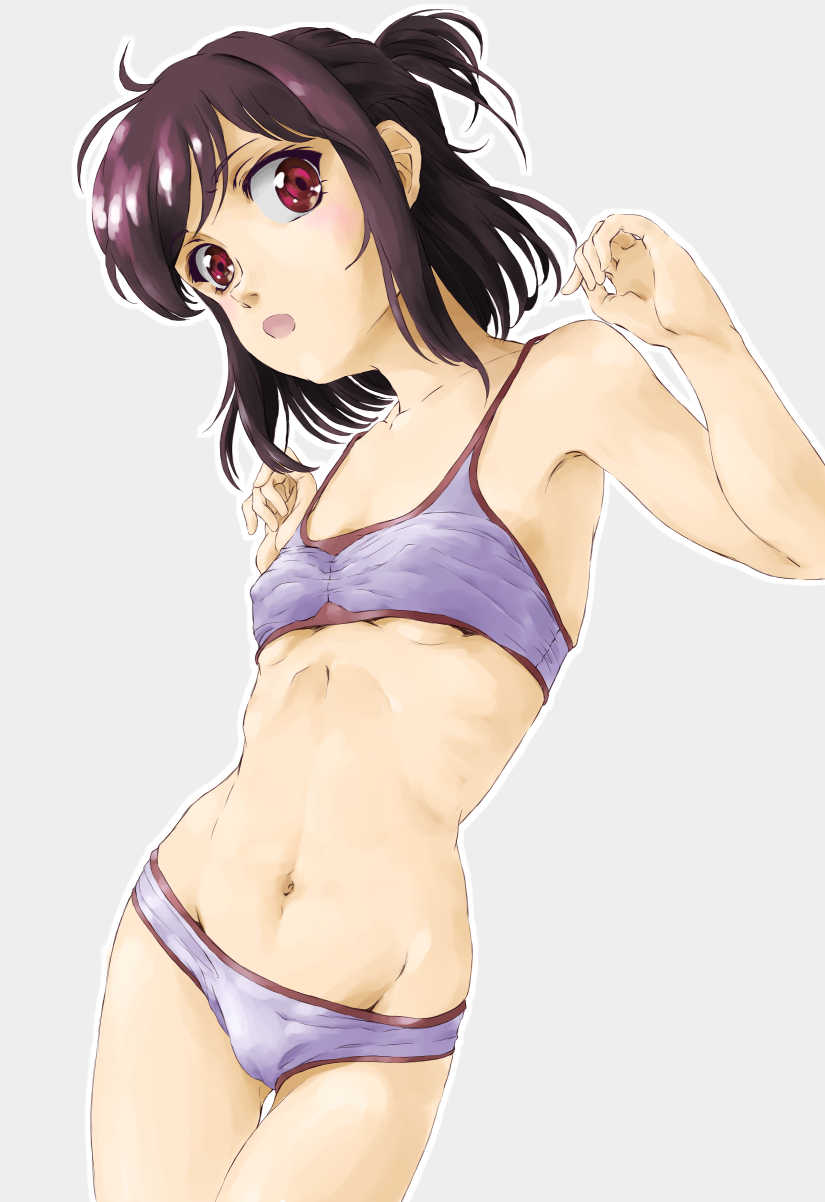 1girl :o ass_visible_through_thighs bangs bra breasts brown_hair commentary_request cowboy_shot grey_background half_updo head_tilt highres looking_at_viewer marutaya navel open_mouth original panties purple_bra purple_panties red_eyes short_hair simple_background small_breasts solo standing thigh_gap training_bra underwear underwear_only w_arms