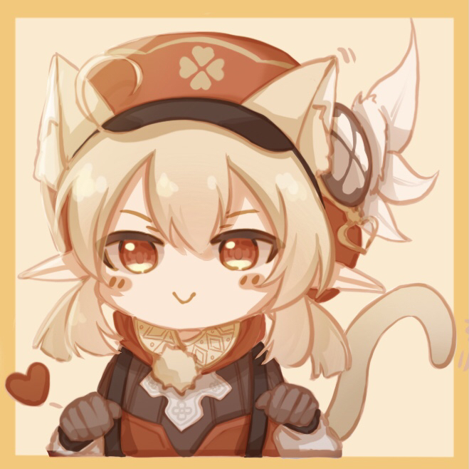 1girl akashin animal_ears bangs beret blonde_hair blush border brown_gloves cat_ears cat_tail closed_mouth genshin_impact gloves hat heart jacket klee_(genshin_impact) long_hair long_sleeves looking_at_viewer looking_back orange_background orange_border pointy_ears red_eyes red_headwear red_jacket simple_background smile tail