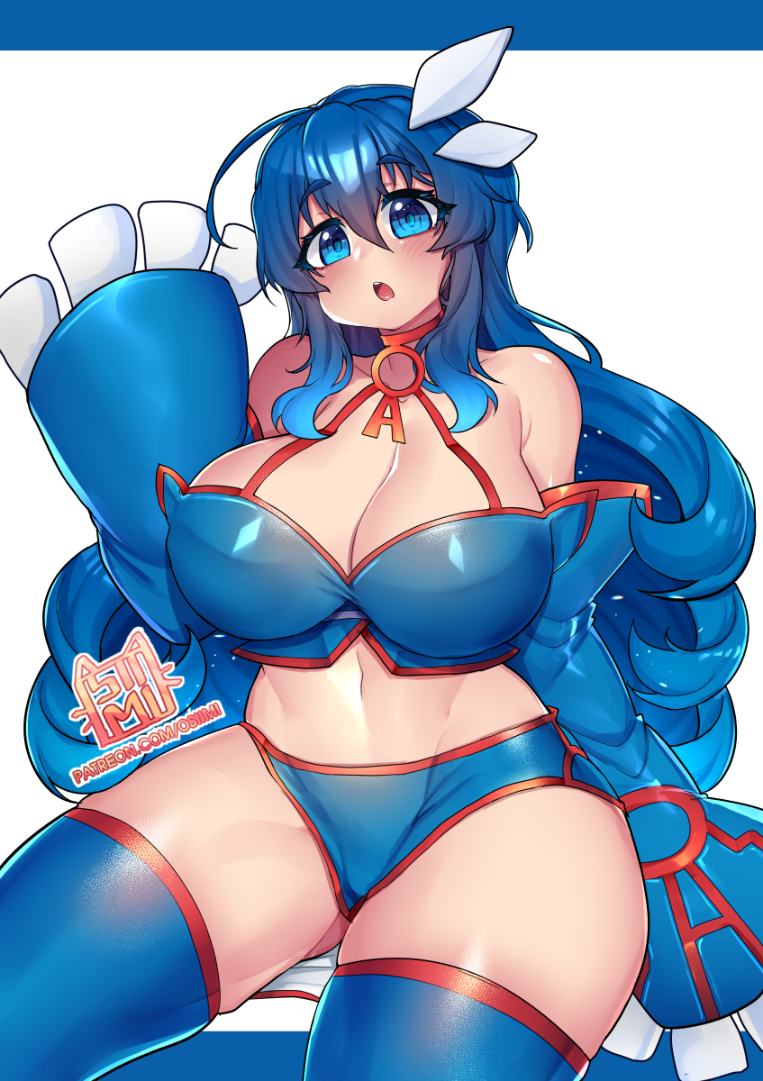 1girl blue_bra blue_eyes blue_gloves blue_hair blue_legwear blue_panties blush bra breasts cleavage commentary commission creatures_(company) curvy elbow_gloves english_commentary eyebrows_visible_through_hair game_freak gen_3_pokemon gloves hair_between_eyes hair_ornament head_tilt highres huge_breasts kyogre long_hair looking_at_viewer nintendo o-ring o-ring_top osiimi panties parted_lips patreon_username personification pokemon signature solo thick_thighs thigh-highs thighs underwear white_background wide_hips