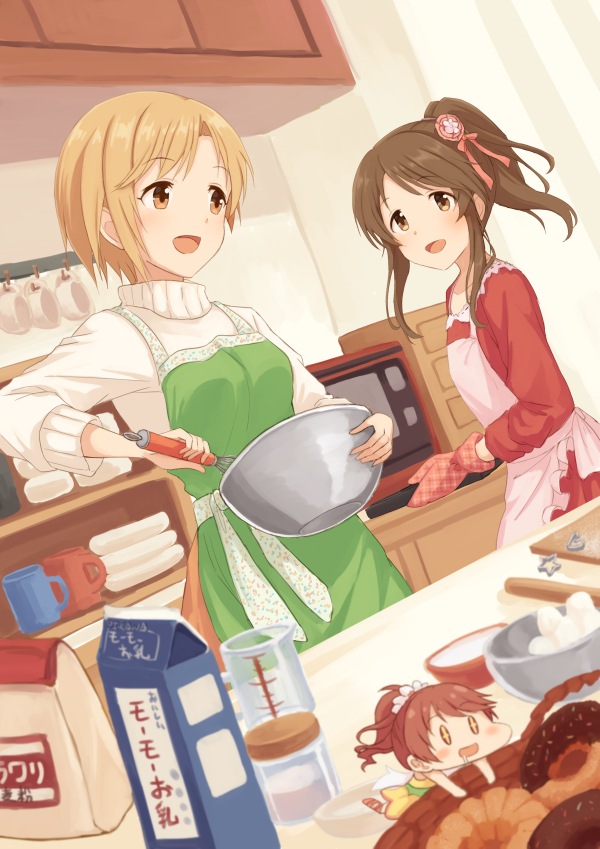 +_+ 3girls :d aiba_yumi apron bangs blonde_hair blush bowl brown_eyes brown_hair chibi croissant cup cutting_board doughnut dress drooling dutch_angle eyebrows_visible_through_hair food frilled_apron frills green_apron hair_ornament hair_ribbon holding idolmaster idolmaster_cinderella_girls indoors long_hair long_sleeves looking_at_another measuring_cup milk_carton mug mugi_(banban53) multiple_girls open_mouth orange_eyes oven oven_mitts parted_bangs pink_ribbon ponytail red_dress redhead ribbon shelf shiina_noriko short_hair sidelocks smile sweater table takamori_aiko tareme whisk white_apron white_sweater yellow_dress