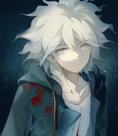 1boy blood bloody_clothes closed_mouth collarbone commentary_request dangan_ronpa dark_background dhiea dots eyebrows_visible_through_hair green_eyes green_hoodie green_jacket hood hoodie jacket komaeda_nagito looking_to_the_side medium_hair multicolored open_eyes shirt simple_background smile solo super_dangan_ronpa_2 white_hair white_shirt