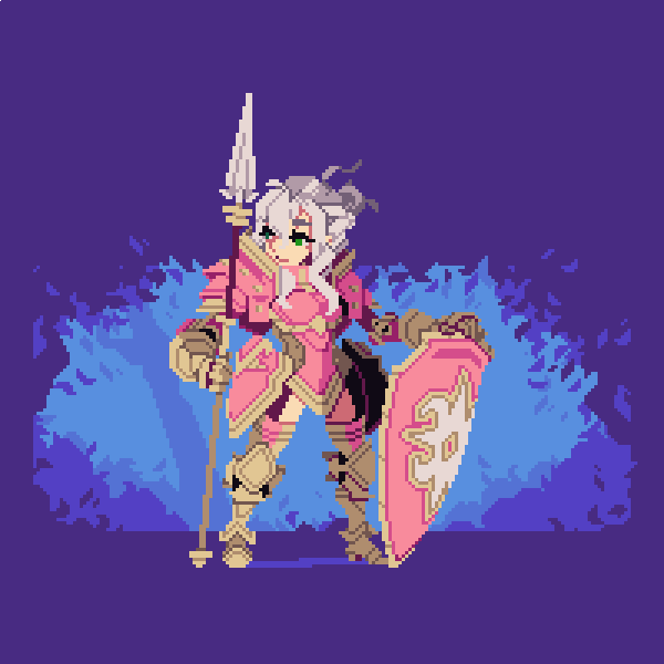 1girl armor effie_(fire_emblem) fire_emblem fire_emblem_if green_eyes holding holding_shield holding_spear holding_weapon hunter_russell long_hair nintendo pixel_art polearm shield solo spear weapon white_hair