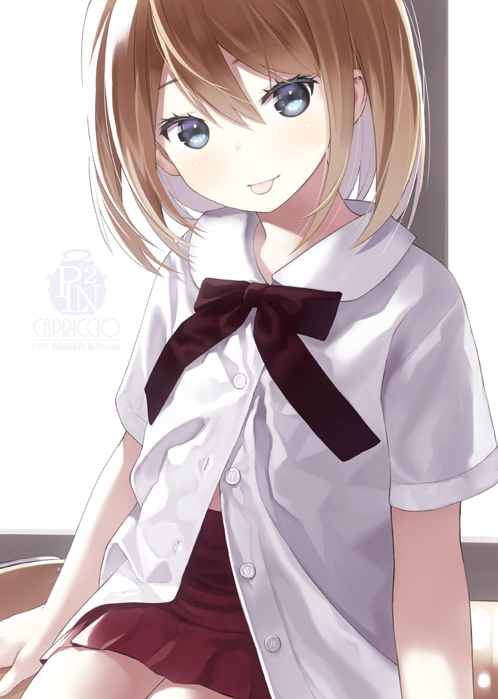 1girl :p artist_name bangs blue_eyes blush bow brown_bow capriccio chair closed_mouth collared_shirt commentary_request dress_shirt eyebrows_visible_through_hair hair_between_eyes head_tilt indoors light_brown_hair original red_skirt school_chair shirt short_sleeves sitting skirt smile solo tongue tongue_out white_shirt