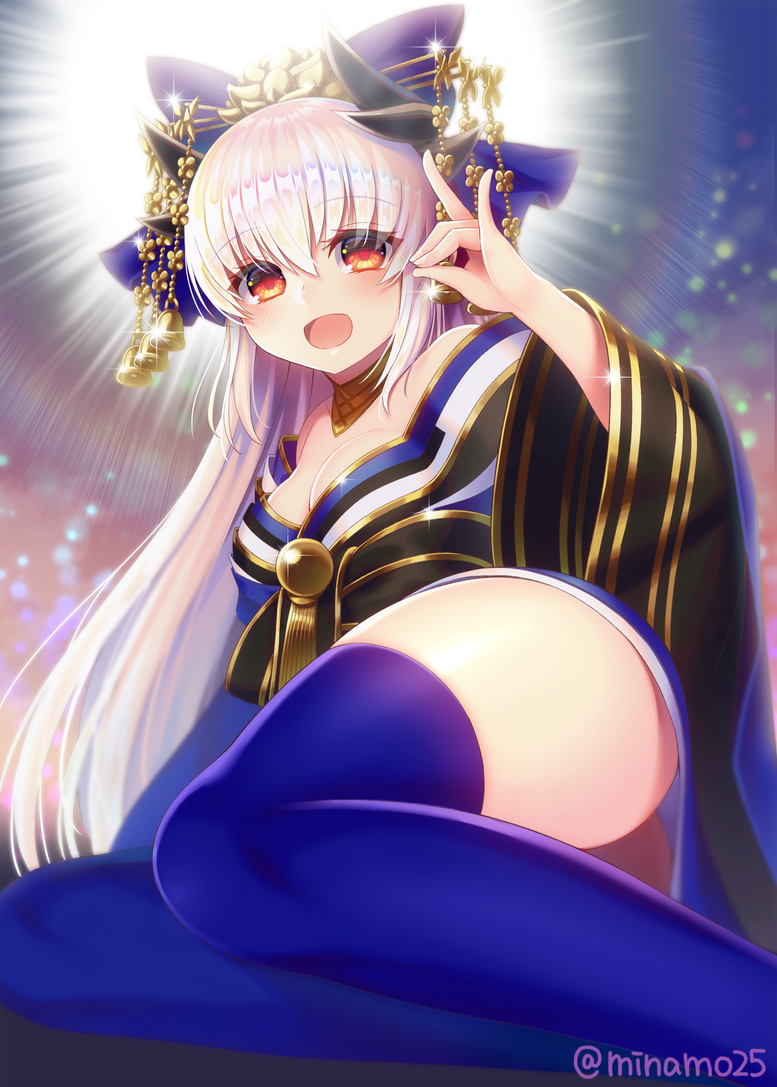 1girl bangs bare_shoulders blonde_hair blush breasts cleavage cosplay detached_collar eyebrows_visible_through_hair fate/extra fate/grand_order fate_(series) hair_ornament horns japanese_clothes kiyohime_(fate/grand_order) long_hair looking_at_viewer medium_breasts minamo25 open_mouth red_eyes smile solo tamamo_(fate)_(all) tamamo_no_mae_(fate) tamamo_no_mae_(fate)_(cosplay) thigh-highs