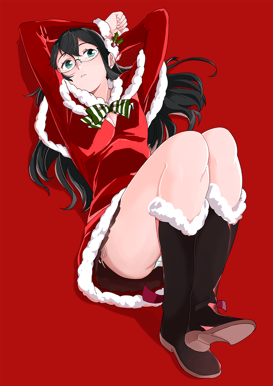 1girl alternate_costume black_footwear black_hair breasts capelet cleavage dress full_body fur-trimmed_boots fur-trimmed_dress fur_trim glasses green_eyes hairband highres kantai_collection long_hair looking_at_viewer lying mistletoe ojipon ooyodo_(kantai_collection) panties pantyshot red_background red_dress semi-rimless_eyewear simple_background small_breasts solo under-rim_eyewear underwear white_panties