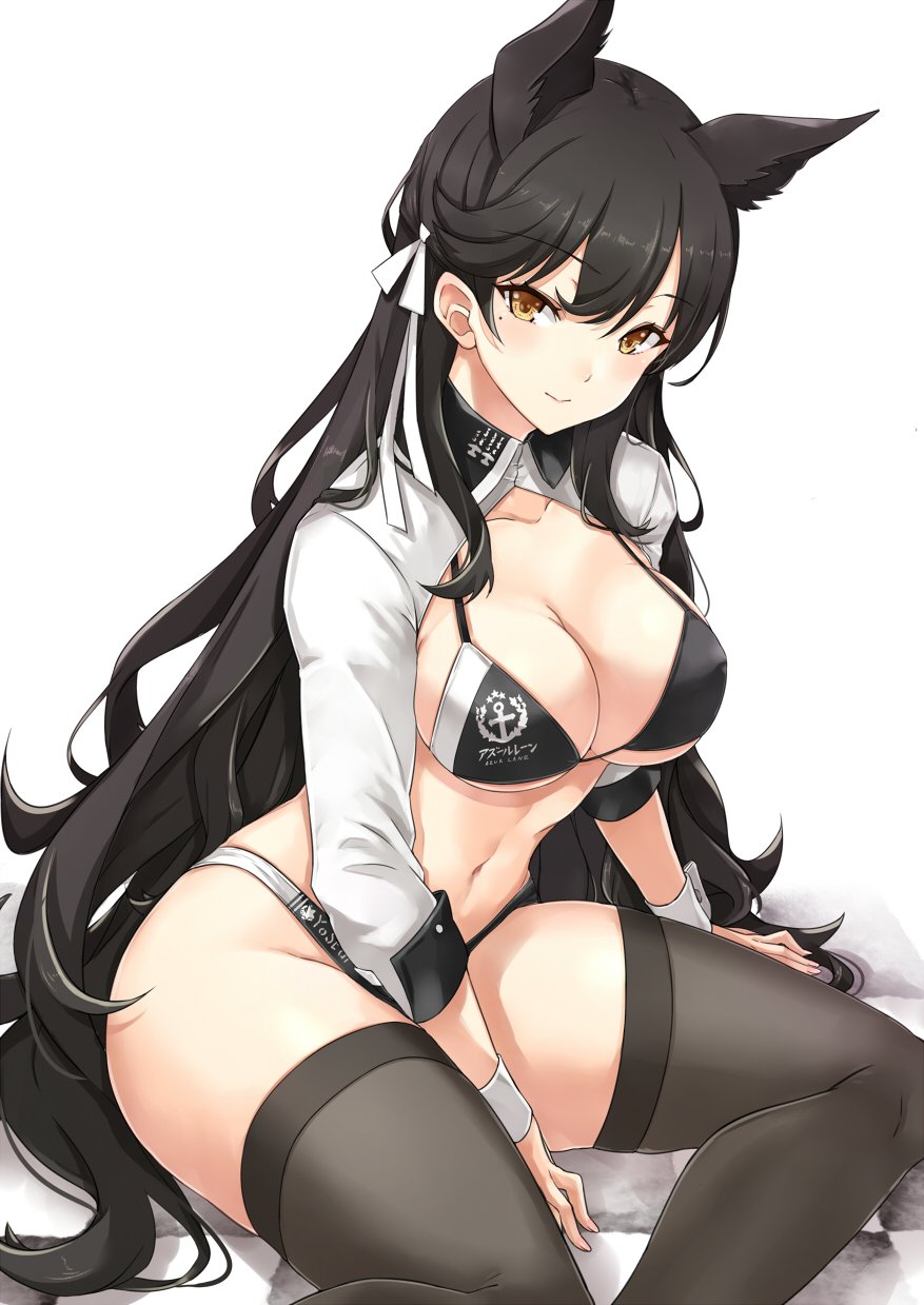 1girl alternate_costume animal_ears artist_name ass asya atago_(azur_lane) azur_lane bangs between_legs bikini black_bikini black_hair black_legwear blush breasts brown_eyes cleavage closed_mouth extra_ears eyebrows_visible_through_hair hair_ribbon hand_between_legs high_heels highleg highleg_bikini highres jacket large_breasts logo long_hair looking_at_viewer mole mole_under_eye ribbon shrug_(clothing) sidelocks sitting skindentation sleeve_cuffs solo swept_bangs swimsuit thigh-highs thighs white_footwear white_ribbon wrist_cuffs yokozuwari