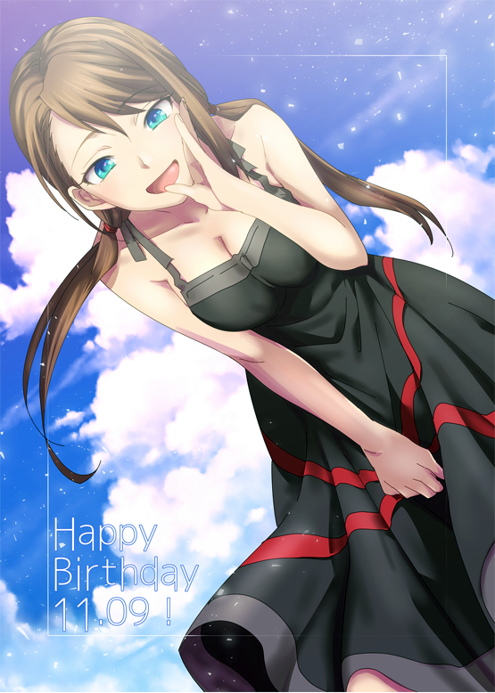 1girl :d bent_over black_dress blue_eyes blue_sky breasts brown_hair cleavage clouds dated dress eyebrows_visible_through_hair floating_hair from_below hair_between_eyes happy_birthday ikuhashi_muiko long_dress long_hair looking_at_viewer medium_breasts open_mouth robotics;notes senomiya_akiho sky sleeveless sleeveless_dress smile solo sundress twintails