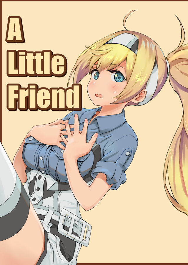 1girl alternate_hairstyle blonde_hair blue_eyes blue_shirt breast_pocket breasts collared_shirt commentary_request cover cover_page doujin_cover english_text gambier_bay_(kantai_collection) h_k_white hairband hands_on_own_chest kantai_collection large_breasts multicolored multicolored_clothes open_mouth pocket shirt shorts side_ponytail solo thigh-highs white_legwear yellow_background