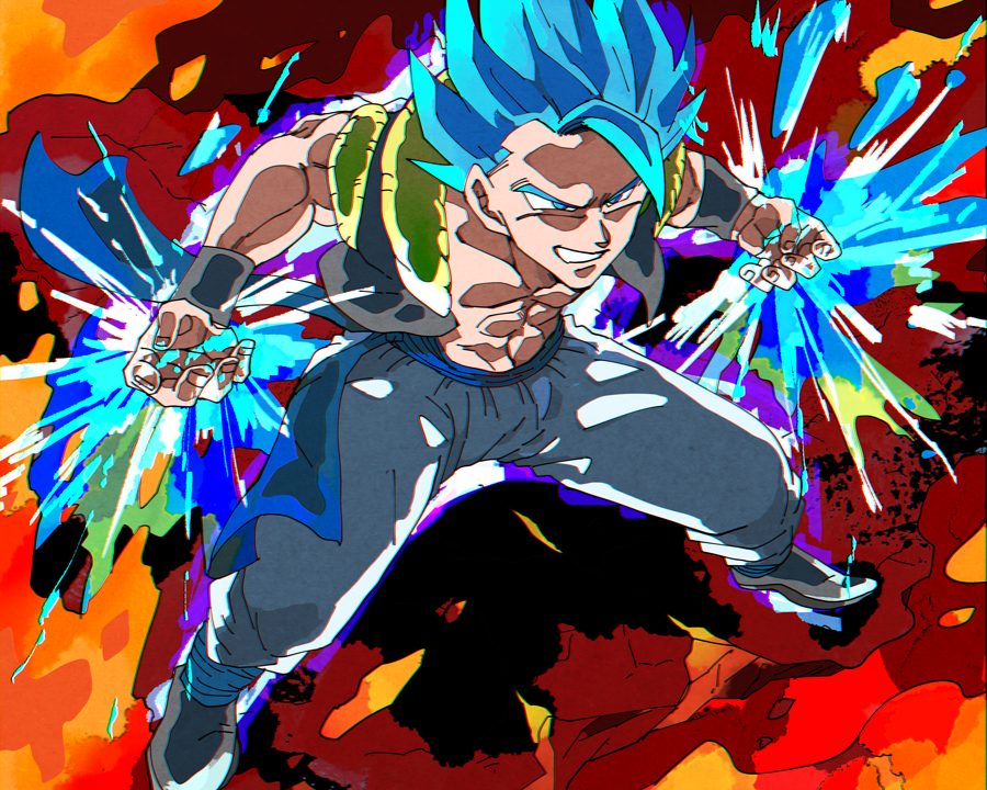 1boy abs attack blue_eyes blue_hair commentary_request dragon_ball dragon_ball_super dragon_ball_super_broly fighting_stance fingernails fire from_above full_body gogeta grin male_focus outstretched_arms pants shaded_face shirtless short_hair smile spiky_hair spread_legs stomach super_saiyan_blue white_pants