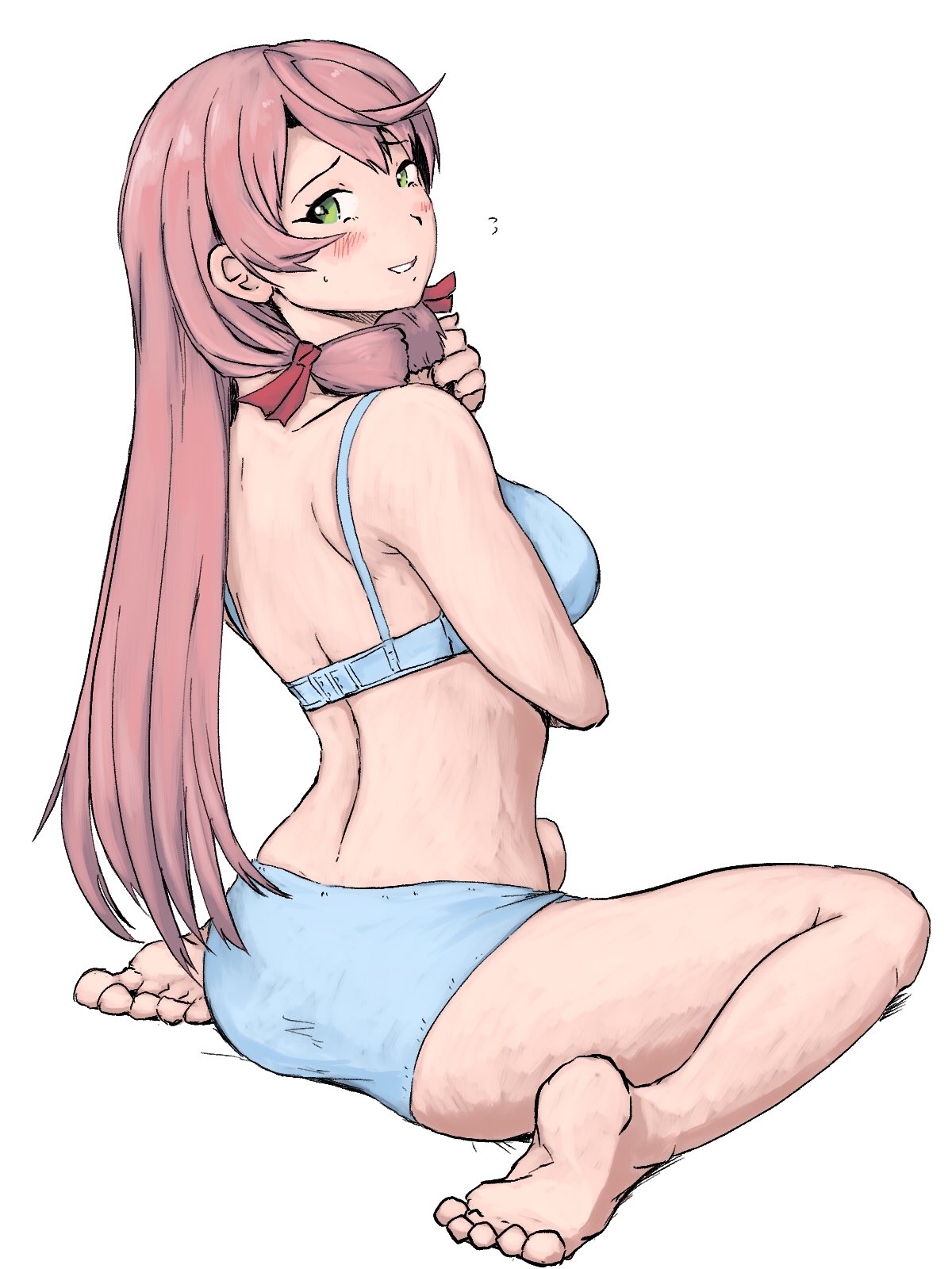 1girl akashi_(kantai_collection) arms_under_breasts ass bangs barefoot blue_bra blue_panties blush bra breasts feet from_behind full_body green_eyes grin hair_tie highres kantai_collection kneeling large_breasts long_hair looking_at_viewer looking_back panties pink_hair simple_background sitting smile solo underwear underwear_only vent_arbre wariza white_background