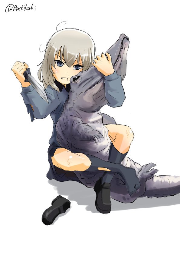 1girl alligator black_footwear black_legwear black_skirt blue_eyes buchikaki closed_mouth commentary crocodilian dress_shirt frown girls_und_panzer grey_shirt grimace holding holding_knife holding_weapon indian_style itsumi_erika knife kuromorimine_school_uniform loafers long_hair long_sleeves looking_at_viewer messy_hair miniskirt pleated_skirt school_uniform shadow shirt shoe_removed shoes silver_hair simple_background sitting skirt socks solo torn_clothes torn_legwear torn_shirt twitter_username v-shaped_eyebrows weapon white_background wrestling