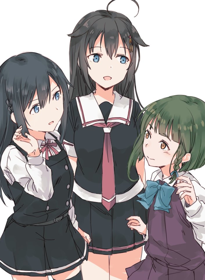 3girls ahoge asashio_(kantai_collection) belt black_hair black_legwear black_serafuku black_skirt blue_eyes bob_cut bow bowtie braid brown_eyes dress green_hair hair_braid hair_down hair_flaps hair_ornament kantai_collection long_hair long_sleeves looking_at_another multiple_girls neck_ribbon necktie pinafore_dress pleated_skirt red_neckwear red_ribbon ribbon satsumi school_uniform serafuku shigure_(kantai_collection) shirt short_hair sidelocks simple_background skirt sleeveless sleeveless_dress takanami_(kantai_collection) thigh-highs white_background white_shirt