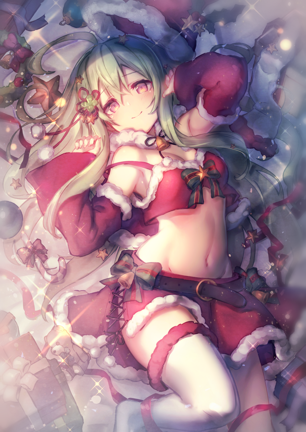 1girl ahoge arm_up asymmetrical_legwear bangs bell belt belt_buckle bow box breasts brown_belt brown_eyes buckle candy candy_cane christmas cleavage closed_mouth clover_hair_ornament commentary crop_top detached_sleeves english_commentary eyebrows_visible_through_hair fingernails food four-leaf_clover_hair_ornament fur-trimmed_legwear fur-trimmed_skirt fur_collar fur_trim gift gift_box green_bow green_hair hair_between_eyes hair_ornament hand_up head_tilt highres liebe long_hair long_sleeves lying medium_breasts midriff navel on_back original red_skirt single_thighhigh skirt sleeves_past_wrists smile solo strap_slip striped striped_bow stuffed_animal stuffed_toy teddy_bear thigh-highs very_long_hair white_legwear