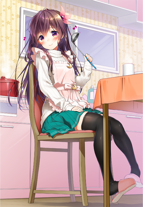 1girl alternate_costume apron black_legwear blush brown_eyes brown_hair crescent crescent_hair_ornament crescent_moon_pin eyebrows_visible_through_hair flower green_skirt hair_flower hair_ornament kantai_collection kisaragi_(kantai_collection) kitchen ladle long_hair long_sleeves looking_at_viewer minami_(apricot_tea) pleated_skirt pot ribbon sitting skirt solo sweater table thigh-highs window