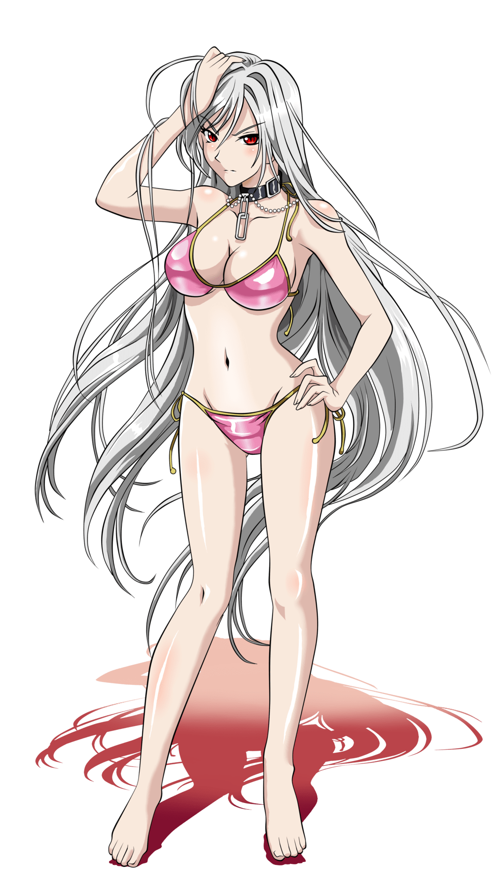1girl akashiya_moka artist_request barefoot bikini breasts chains cleavage closed_mouth collar full_body highres inner_moka large_breasts long_hair navel official_art pink_bikini red_eyes rosario+vampire shadow silver_hair slit_pupils solo standing swimsuit transparent_background very_long_hair