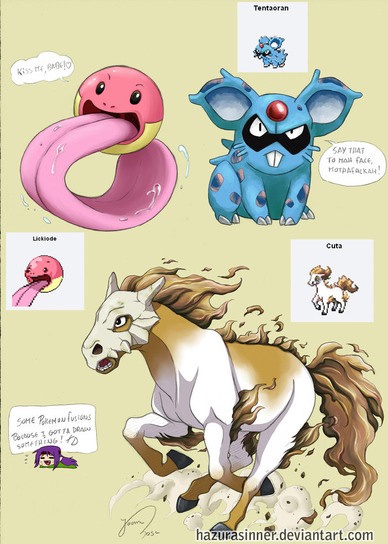 1girl black_eyes character_name claws closed_eyes commentary creature creatures_(company) cubone electrode emoticon english english_commentary fang fusion game_freak gen_1_pokemon hazurasinner heart horse laughing lickitung long_hair looking_at_viewer nidoran nintendo open_mouth pokemon ponyta purple_hair running signature skull_mask standing teeth tentacruel tongue tongue_out watermark web_address