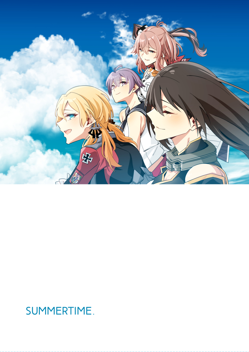 4girls anchor_hair_ornament aqua_eyes asakawa_(outeq) bare_shoulders black_hair black_neckwear black_ribbon blonde_hair blue_sailor_collar blue_sky blush breast_pocket breasts brown_hair choker closed_eyes closed_mouth clouds cloudy_sky commentary_request cover cover_page day doujin_cover dress english eyebrows_visible_through_hair from_side hair_between_eyes hair_ornament hair_over_shoulder hair_ribbon iron_cross kantai_collection long_hair low_twintails machinery military military_uniform multiple_girls nagato_(kantai_collection) neckerchief no_hat no_headgear no_headwear one_side_up open_mouth operation_crossroads outdoors pocket prinz_eugen_(kantai_collection) purple_hair red_neckwear red_skirt ribbon round_teeth sailor_collar sakawa_(kantai_collection) saratoga_(kantai_collection) school_uniform serafuku short_hair skirt sky sleeveless smile smokestack teeth twintails uniform white_dress