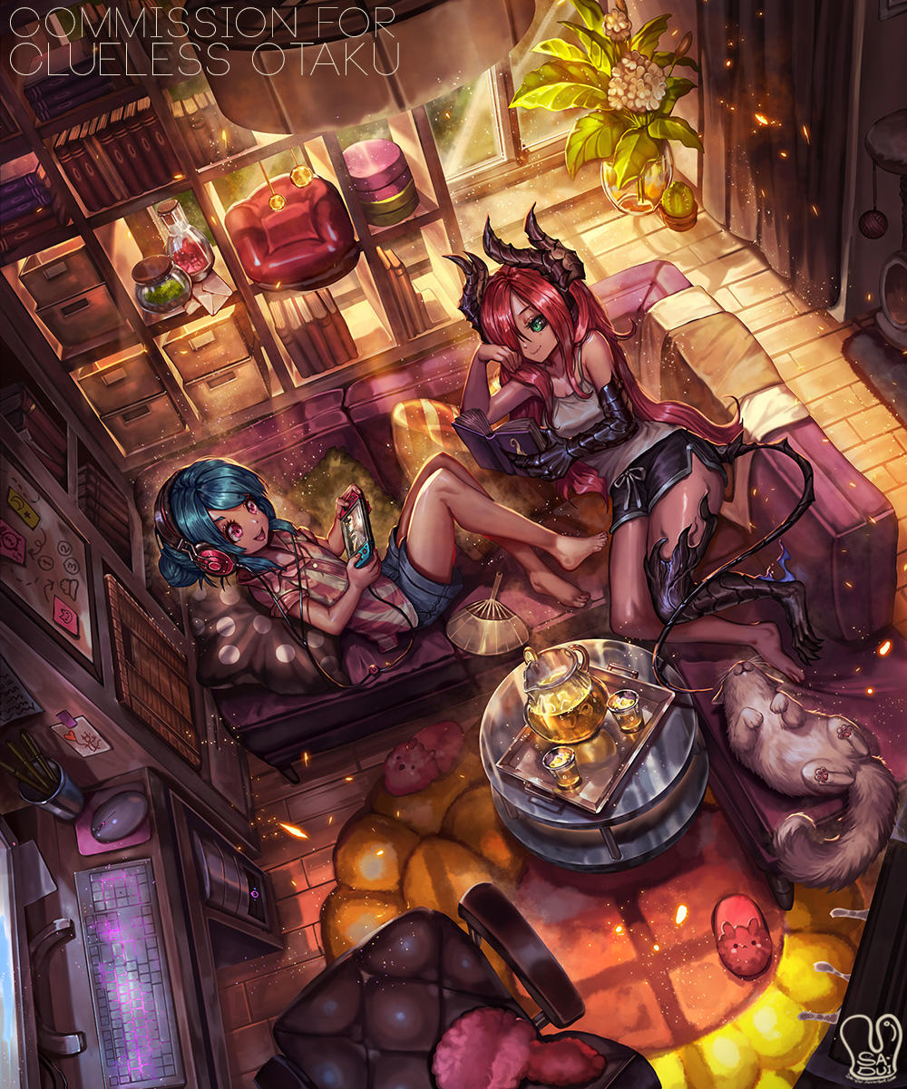 2girls :d bare_shoulders barefoot blue_hair book bookshelf bottle box boyshorts cactus cardboard_box cat chair closed_mouth commentary commission demon_girl demon_horns english_commentary fan green_eyes hair_bun hair_ornament headphones highres holding holding_book horns indoors keyboard_(computer) letter light_particles monitor mouse_(computer) multiple_girls nintendo_switch one_eye_covered open_mouth original paper_fan pen pink_eyes plant potted_plant reading redhead rug sa-dui scales shorts signature sitting slippers smile tile_floor tiles window