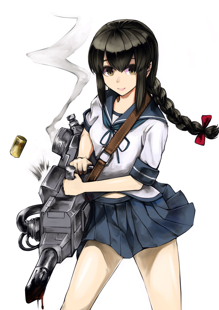 1girl black_eyes black_hair blue_sailor_collar blue_skirt braid commentary_request cowboy_shot firearm_request gun hair_between_eyes isonami_(kantai_collection) kantai_collection kurou_(bcrow) pleated_skirt sailor_collar school_uniform serafuku shell_casing sidelocks simple_background skirt smoke solo standing twin_braids weapon white_background