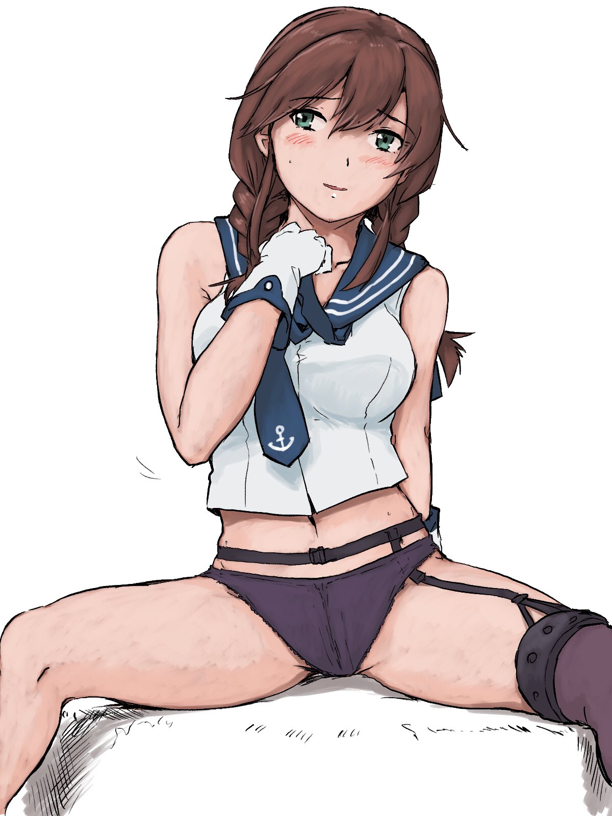 1girl arm_behind_back bare_arms blush braid breasts brown_hair collarbone garter_belt garter_straps gloves green_eyes hair_between_eyes hand_on_own_chest highres kantai_collection large_breasts looking_at_viewer midriff navel no_pants noshiro_(kantai_collection) panties parted_lips purple_legwear purple_panties sailor_collar simple_background single_garter_strap sitting sketch skindentation solo thigh-highs twin_braids underwear upper_body vent_arbre white_background white_gloves