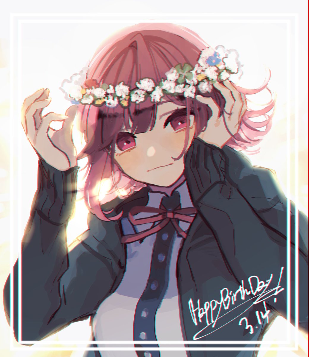 1girl arms_up black_hoodie breasts commentary_request dangan_ronpa eyebrows_behind_hair flipped_hair flower frame hair_flower hair_ornament hand_in_hair happy_birthday highres hood hoodie large_breasts lei light_background looking_at_viewer nanami_chiaki no_nose number pink_eyes pink_hair pink_ribbon ribbon roll08081227 shirt short_hair solo super_dangan_ronpa_2 white_shirt
