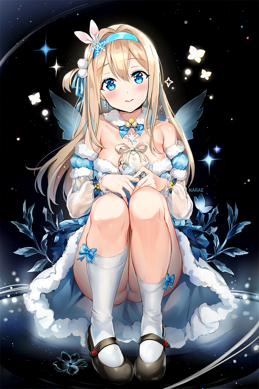 1girl alternate_costume artist_name ass bangs bare_shoulders black_footwear blonde_hair blue_dress blue_eyes blue_headband blue_ribbon blush breasts cleavage closed_mouth collar collarbone crossed_arms dress eyebrows_visible_through_hair fake_wings full_body fur-trimmed_dress girls_frontline hair_between_eyes hair_ornament hair_ribbon hairband highres long_hair looking_at_viewer mary_janes medium_breasts narae off_shoulder panties pantyshot pantyshot_(sitting) ribbon see-through shoes sidelocks sitting snowflake_hair_ornament solo sparkle star suomi_kp31_(girls_frontline) thigh-highs thighs underwear white_background wings
