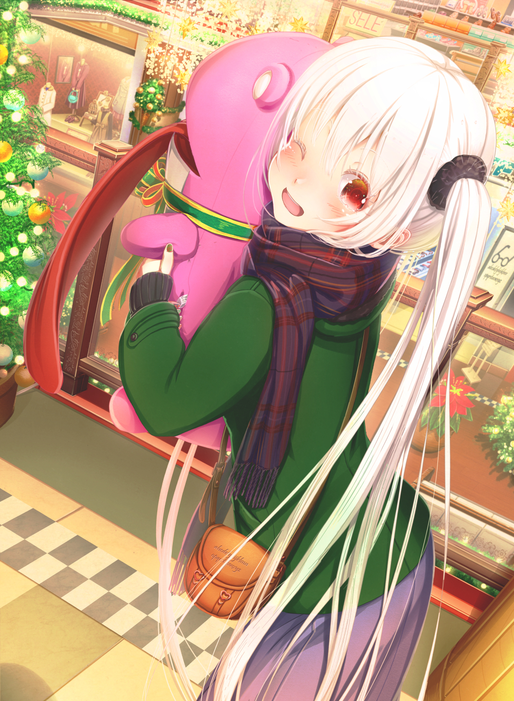 1girl ;d abo_(kawatasyunnnosukesabu) bag bangs black_scrunchie blue_scarf blush christmas christmas_ornaments christmas_tree clothes commentary_request display_case flower green_coat hair_ornament hair_scrunchie highres holding_stuffed_toy long_hair long_sleeves long_tongue looking_at_viewer mall mannequin one_eye_closed open_mouth original plaid plaid_scarf poinsettia red_eyes scarf scrunchie shoulder_bag skirt sleeves_past_wrists smile solo striped_nails tongue tongue_out very_long_hair white_hair