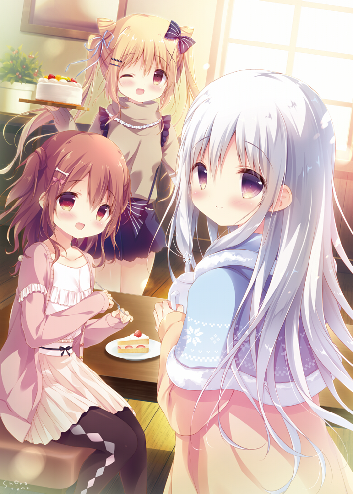 3girls :d ;d black_bow black_skirt blonde_hair blue_capelet blush bone_hair_ornament bow brown_eyes brown_hair brown_shirt brown_skirt cake capelet chocolat_neige closed_mouth collarbone commentary_request day dress dutch_angle food fork fur-trimmed_capelet fur_trim furukura_meru hair_bow hair_ornament holding holding_fork holding_teapot holding_tray indoors jacket knife lens_flare_abuse long_hair long_sleeves looking_at_viewer miyohashi_koori multiple_girls one_eye_closed open_clothes open_jacket open_mouth orange_eyes pink_jacket plate pleated_skirt purple_skirt red_eyes shiratama_(shiratamaco) shirt silver_hair skirt sleeves_past_wrists slice_of_cake smile striped striped_bow sugatem!_-sugarfull_tempering- sunlight table teapot tray twintails two_side_up very_long_hair violet_eyes white_hair white_shirt window wooden_floor