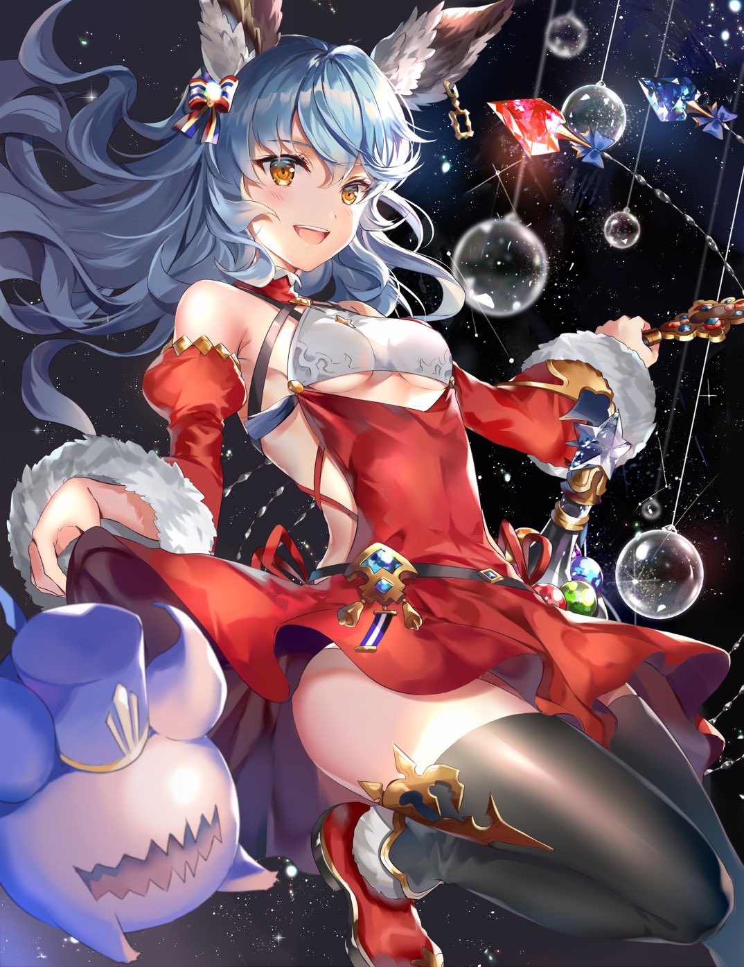 1girl :d animal_ears armpit_crease backless_dress backless_outfit bangs bare_shoulders bauble belt black_background black_legwear blue_hair blurry_foreground blush bow breasts commentary_request creature detached_collar detached_sleeves dress earrings ferry_(granblue_fantasy) flask floating_hair fur-trimmed_sleeves fur_trim granblue_fantasy hair_bow highres hinahino holding jewelry juliet_sleeves leg_up light_particles long_hair long_sleeves looking_at_viewer open_mouth orange_eyes panties puffy_sleeves red_dress red_footwear santa_costume shoes small_breasts smile solo striped striped_bow thigh-highs underwear upper_teeth wavy_hair white_panties wide_sleeves