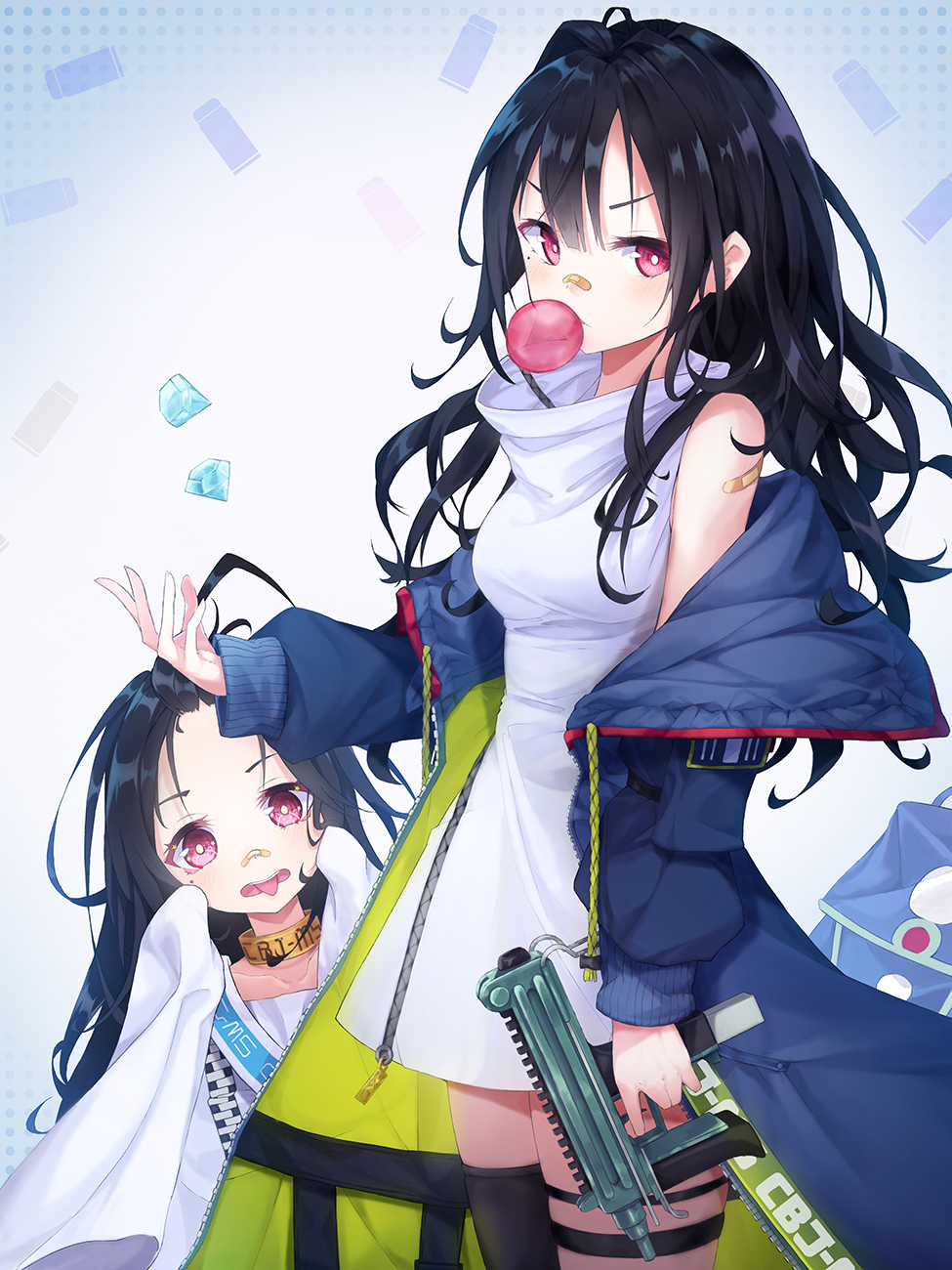 2girls bandaid bandaid_on_arm bandaid_on_nose bangs bare_shoulders black_hair black_legwear blue_jacket blush breasts bubble_blowing c-ms_(girls_frontline) cbj-ms chewing_gum collar collarbone diamond drawstring dress finger_on_trigger girls_frontline gun hand_up highres holding holding_gun holding_weapon jacket long_hair long_jacket long_sleeves looking_at_viewer medium_breasts messy_hair mole mole_under_eye multiple_girls off_shoulder open_clothes open_jacket open_mouth parted_bangs parted_lips pot-palm red_eyes sash sidelocks single_thighhigh sleeveless sleeveless_dress standing thigh-highs thigh_strap tongue tongue_out turtleneck upper_teeth v-shaped_eyebrows weapon white_dress zipper zipper_pull_tab