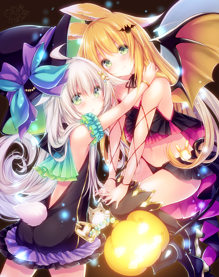 2girls ahoge animal_ears animal_hood aqua_scrunchie arm_scrunchie armpits backless_dress backless_outfit bangs bare_shoulders bat_hair_ornament black_dress black_footwear black_hat black_panties black_shirt blonde_hair blush boots bracelet bunny_hair_ornament cat_hood closed_mouth commentary_request creature crop_top demon_girl demon_tail demon_wings dress eyebrows_visible_through_hair fang floating_hair from_side green_eyes hair_flaps hair_ornament hairclip halloween halterneck hat hat_ribbon hood hood_down hooded_dress hug jack-o'-lantern jewelry kabocha_usagi long_hair looking_at_viewer looking_back midriff multiple_girls navel original panties parted_lips purple_ribbon ribbon scrunchie shirt showgirl_skirt sidelocks signature sleeveless sleeveless_shirt stomach tail tareme thigh-highs thigh_boots thighs underwear v_arms very_long_hair white_hair wings witch witch_hat